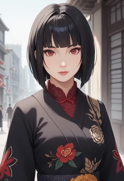 masterpiece, The best quality,  ultra detailed. 1 girl,   cut bob breasts, black hair,  red bangs, blunt ends, black kimono, amaryllis print, cielo nocturno,Yuhi Kurenai ,