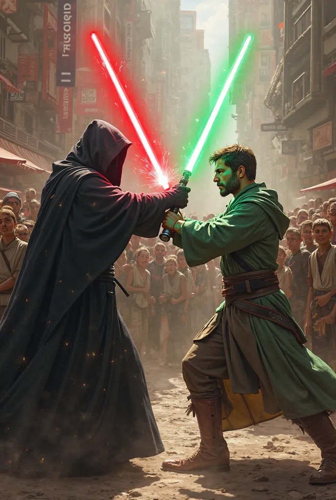 star wars sith with a red lightsaber fighting a jedi with a green lightsaber in the background is a crowd of people on