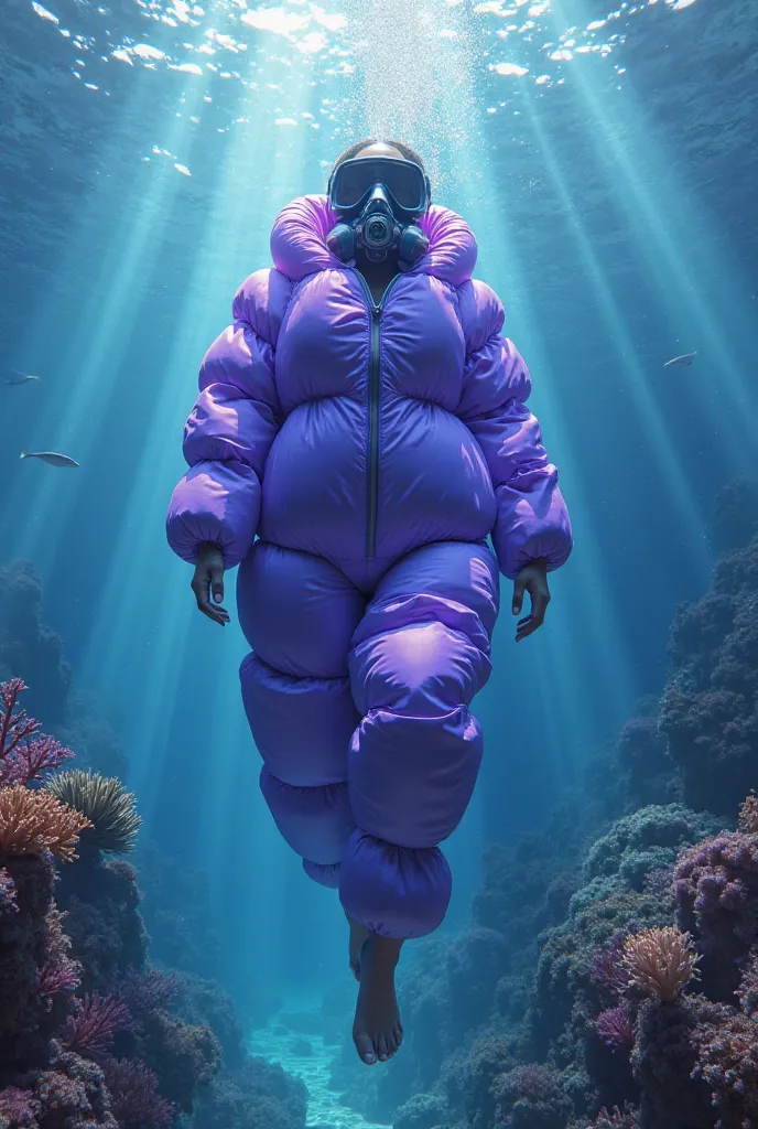 beautiful woman swims underseas around coral rocks, gasping for air, wearing heavy puffy shiny neonviolet padded onepiece down suit with very puffy hood and puffy padded mittens, fullface gasmask