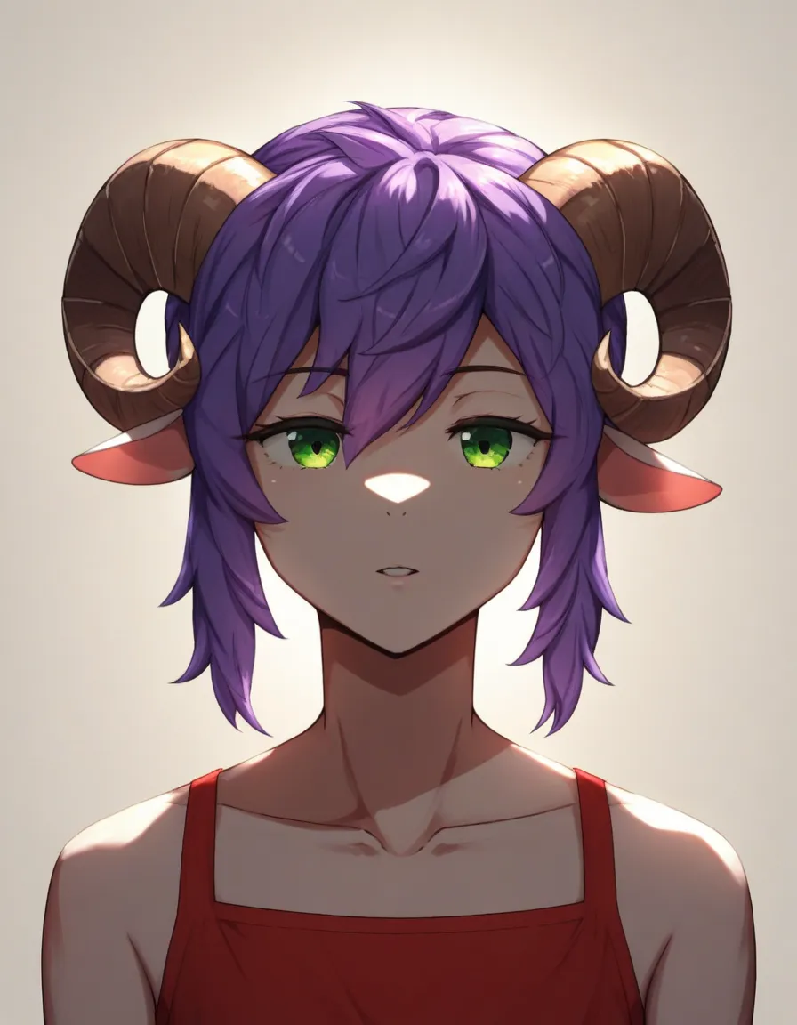 One, score_9,score_8_ upwards,score_7_ upwards, kemono style ,  sheep horns, ultra detailed illustration, green eyes, warm colors,  Tall, perfect lighting, (guy ram:1.6) ,(19 years old),  female face and body , длинные hair, purple hair, wearing a large re...