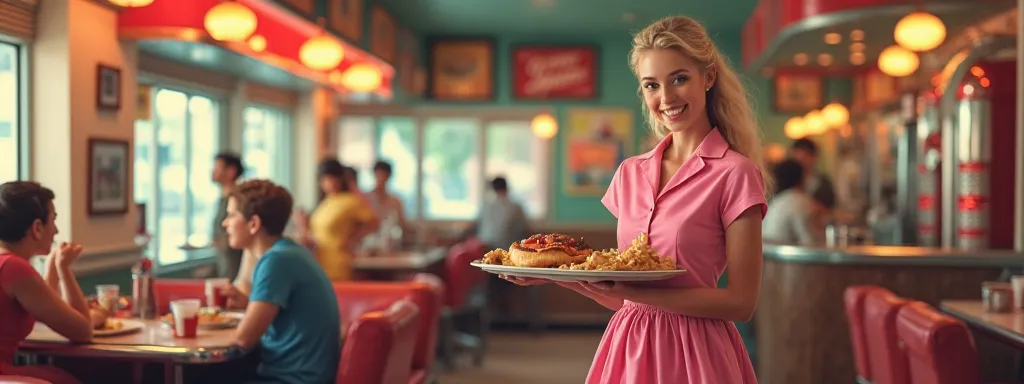 a woman in a pink dress from the 50s serving food standing next to a juke box in a classic burger bar with people dressed in 50s cloths eating in the back