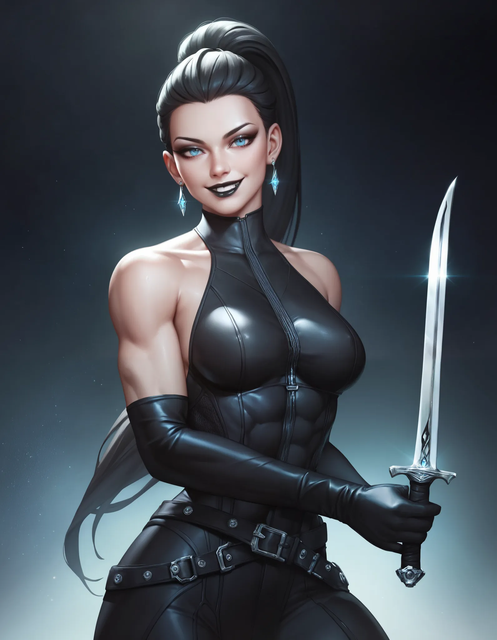 female black sleeveless bodysuit, black belt, racerback, bare shoulders, long gloves, black gloves, toned arms, beautiful faces, black ponytail with showing forehead, long sleek ponytail, earrings, soft smooth skin, pale skin, black background, blue eyes, ...