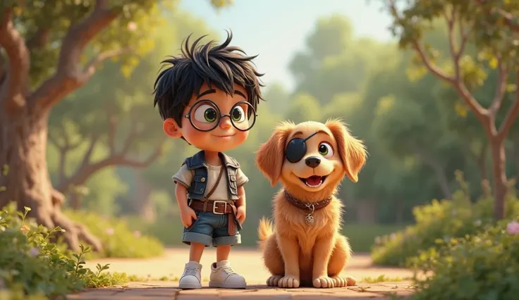 A 3D image of A cartoon  boy ( silky black hair, bright green eyes, and an adventurous spirit. He wears a pirate dress round specs ,denim shorts, and white sneakers) and  
A cartoon big golden retriever (playful golden retriever with fluffy fur and big,one...