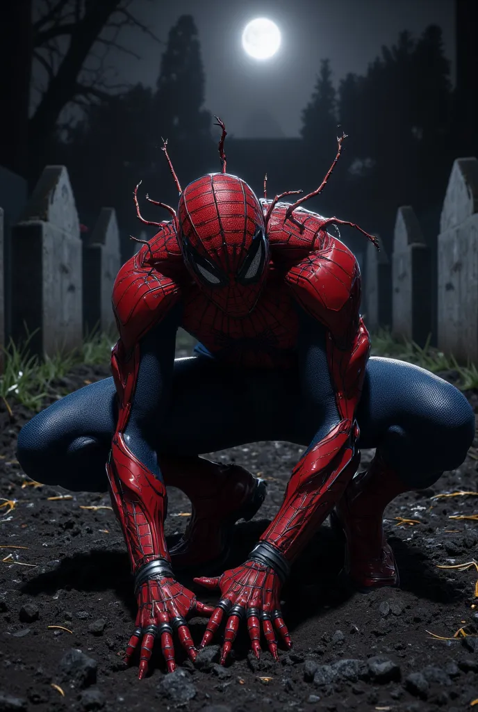 Spiderman is breaking grave at graveyard at night 