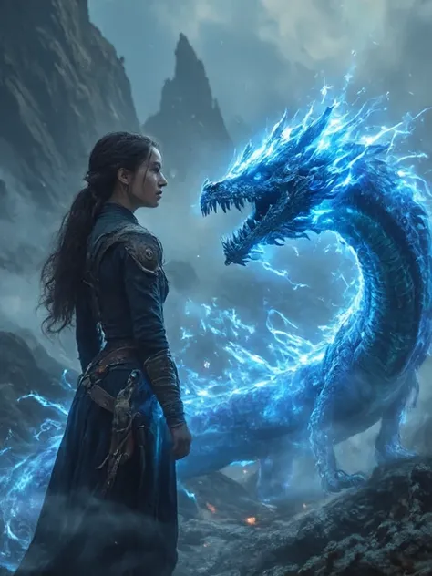 Cinematic candid scene of a dragon tamer girl, and a blue energy dragon.