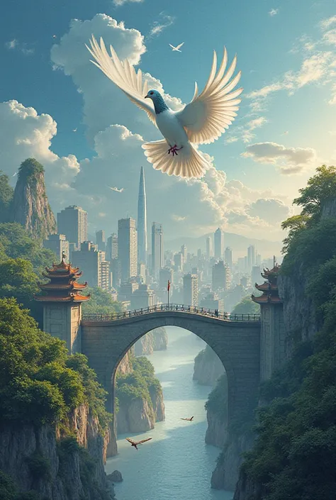 Upper part ( sky  & dreams): Pigeon, Light trails, images of ren with dreams.nucleus (Mong City The hovering): Buildings, Ka Long bridge, gate, green tree. Bottom  ( Giant wings  & River of light): People who contribute to the high-flying city, the path of...