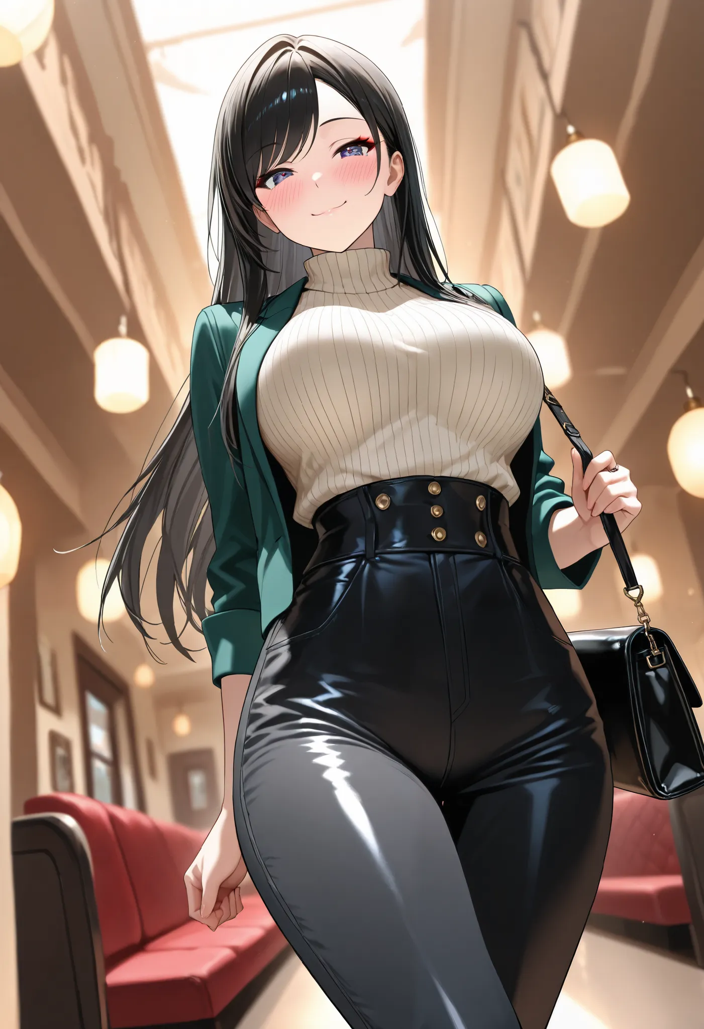 (best quality, masterpiece, ultra detailed, high resolution), Beautiful 8K CG artwork, Enriched photography, anatomically accurate body, depth of field,  1girl, elegant yet sexy girl, (long hair, black straight hair, swept bangs), 
round large breasts, bre...