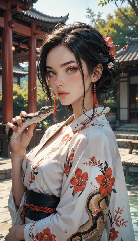 ukiyo-e, ultra complex high detail, beautiful japanese traditional culture, playing with snake