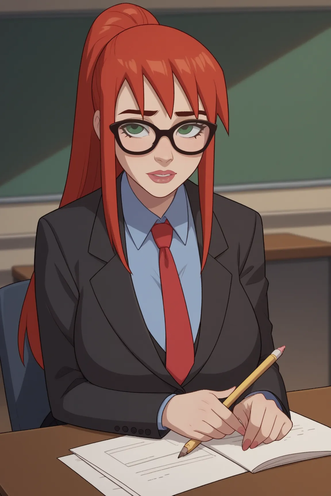 2D, source_cartoon, score_9, score_8_up, score_7_up, score_6_up, score_5_up, score_4_up, BREAK, 1 girl, Mary Jane, alone, Marvel, ponytail, concerning look on her face, blue shirt, shirt with long sleeves, suit, black suit, red tie, skirt, pencil, black sk...