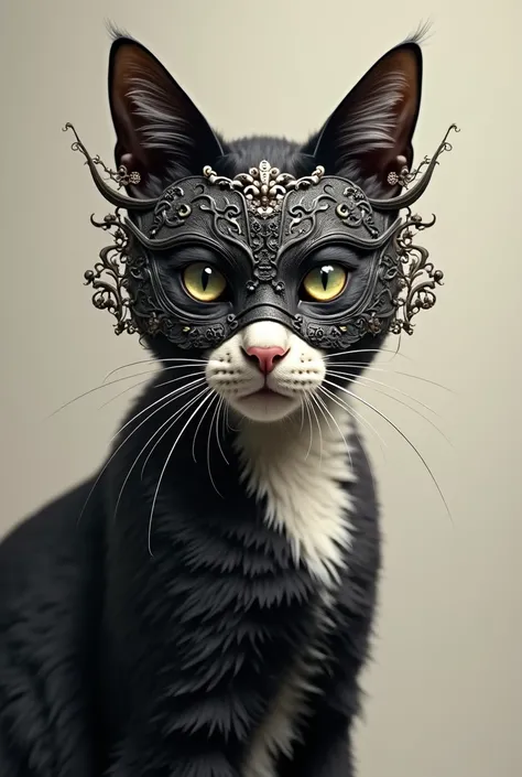 The cat in the Chinese mask is black and white 