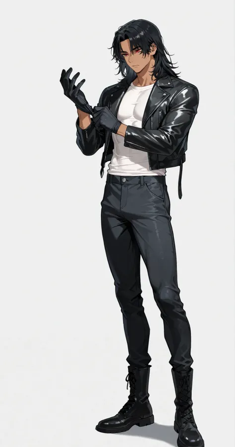 1 boy, fit, handsome, wavy black hair, middle part hair, wolfcut, medium length hair, middle part hair, defined red eyes, cold eyes, tan, sexy body, muscular body, big body, defined muscle, white shirt t, black leather jacket, black gloves, form fitting bl...