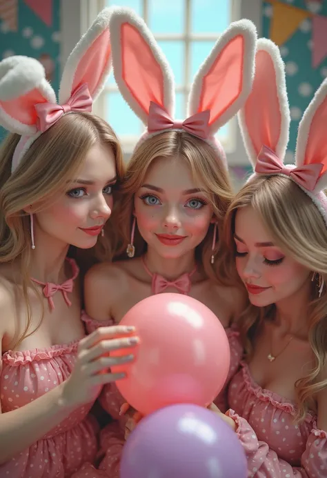 a group of 3 sexy girls wearing bunny girl outfits, playing with colorful balloons, detailed facial features, beautiful eyes and lips, intricate bunny ears and bows, dynamic poses, detailed textures, photorealistic, masterpiece, 8k, high quality, vibrant c...