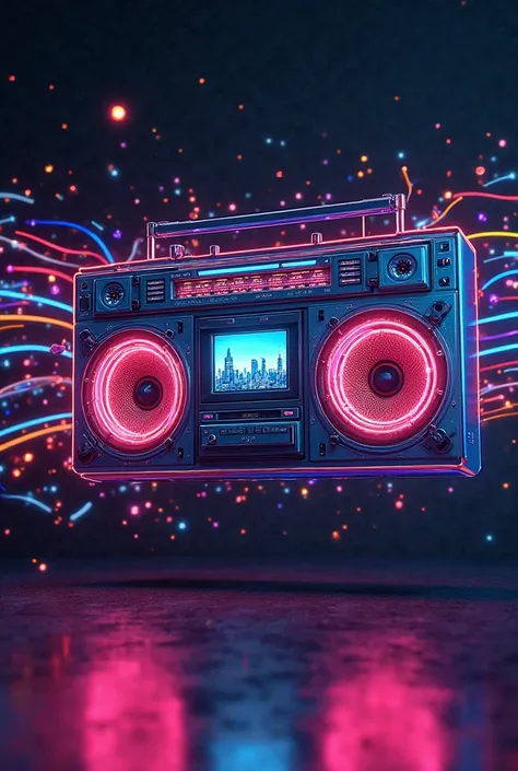 "A classic 90s boom box floating in mid-air, surrounded by colorful, animated sound waves in neon colors. The speakers glow, pulsing in sync with the music, and the cassette deck is open, revealing a vaporwave cityscape inside. The background is dark with ...