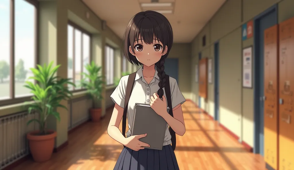 a class corridor hallway, anime student, detailed facial features, serious expression, standing posture, holding textbooks, school backpack, 4K, high resolution, photorealistic, studio lighting, physically-based rendering, sharp focus, vivid colors, warm l...