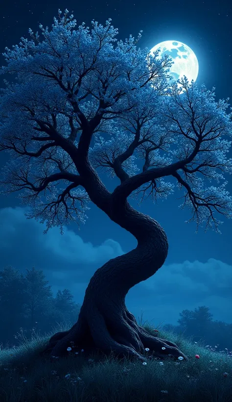 Here's a prompt to generate an image similar to the fourth one:

Prompt:
"A peaceful night scene featuring a large, twisted tree with dark, textured bark. The tree’s branches are adorned with delicate, glowing blue and white blossoms, illuminated softly by...