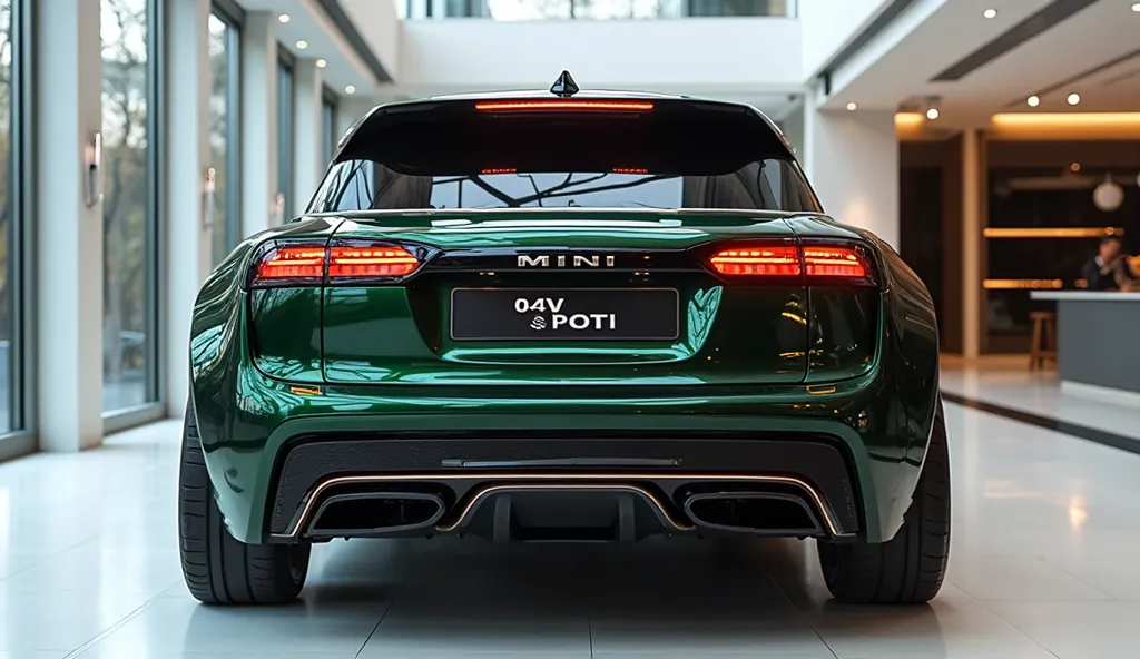 An ultra-realistic image  of back view  with  dark Aggressive back with  mini copper logo of a futuristic 2025 Mini Copper. The car features a large, imposing, kand aerodynamic design  and shiny Dark  Green extrior. Aggressive back view end has a wide, agg...