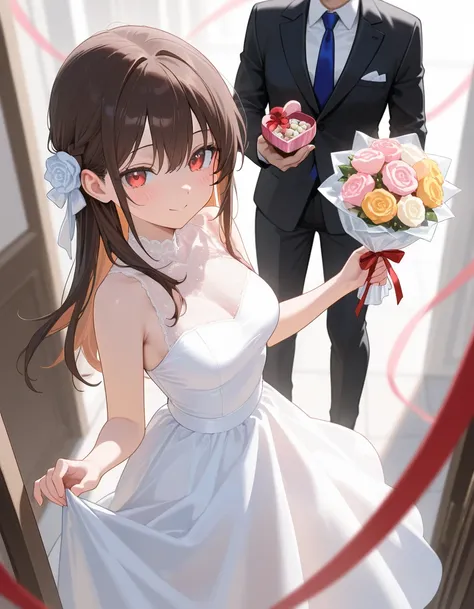 Masterpiece, best quality,  female couple , Two beautiful girls ,   dress,   suit, candy, White day, flower