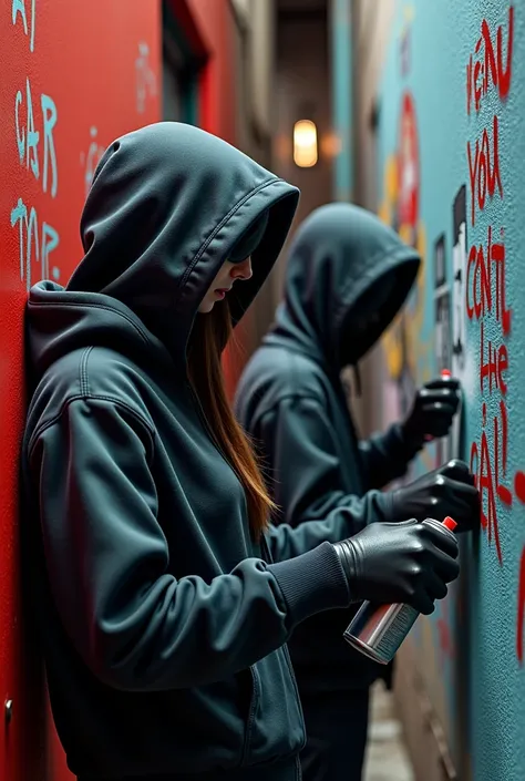 Duo woman man With hoodies, Urban painters With aerosol can wrighting on a Wall, outdoors, alley back to the viewer, reads:"can you control the can?"side upper shot