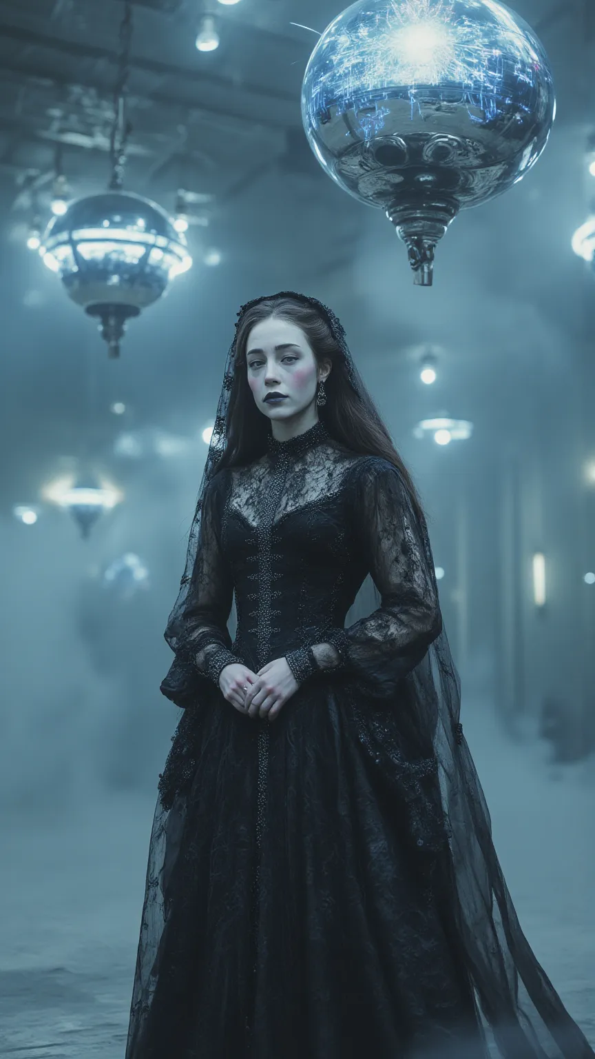 An amazing 30-year-old gothic sexy woman，Full body shot，wearing a Victorian mourning dress. She is long, Her beautiful hair is pouring down like a waterfall, Pale as porcelain, The heavy makeup highlights her sharp facial features. She wears an intricate b...