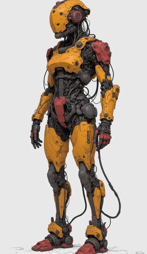 Close up of a robot in a yellow and red suit, Mecha limbs,  Cybernetic Hands and Feet , Thick warframe legs, Thick, Smooth Warframe Legs,  Mechanical Hands , Cybernetic leg ,  Cyborg Tech Body and Legs  ,  Evangelion Concept Art ,  DETAILED FULL BODY CONCE...