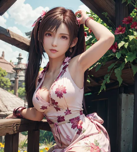 FF7 Remake Tifa Lockhart、8K wallpaper,((Dark red hair、left side shortcut ponytail)),((Cross your arms above your head to show your armpits)),1 girl, solo, Highest quality, ultra high definition, big breasts, beautiful pretty red eyes, earrings, ((Flower fi...