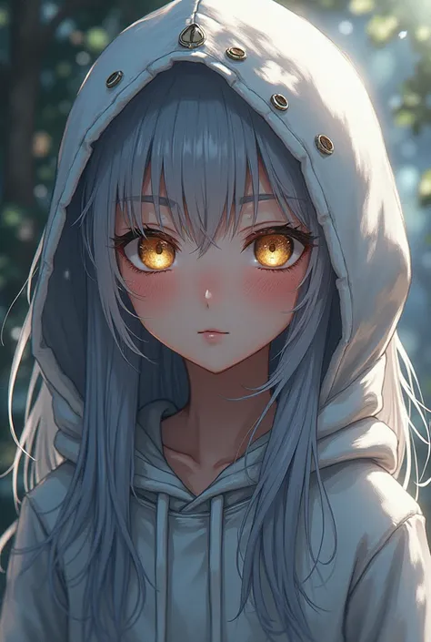 Girl with long gray hair and blonde eyes wears an anime style hoodie