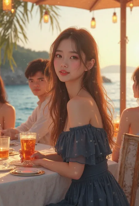 A Korean girl is sitting at a seaside party while wearing a dark blue dress of long golden brown hair
While holding a drink