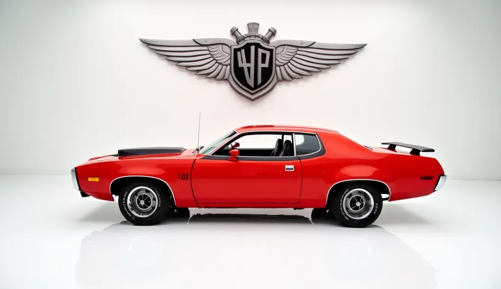 A photo of a bright ( Red ) (1975 Hemi road runner)  in a luxurious white showroom. The  above side view visible. The (company) badge is prominently displayed large on the wall behind the car. The floor is spotless white.