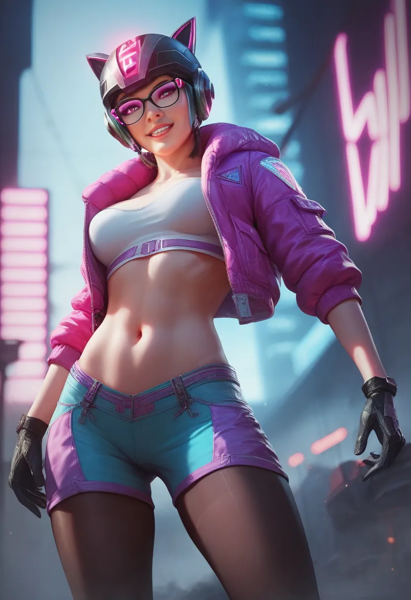 a beautiful woman, slender and well-proportioned ., A colorful electronic short jacket ., Clothing with luminous organs that shine with an electronic circuit pattern., Glasses showing a frameless user interface , gaming-style helmet , and gaming-style clot...