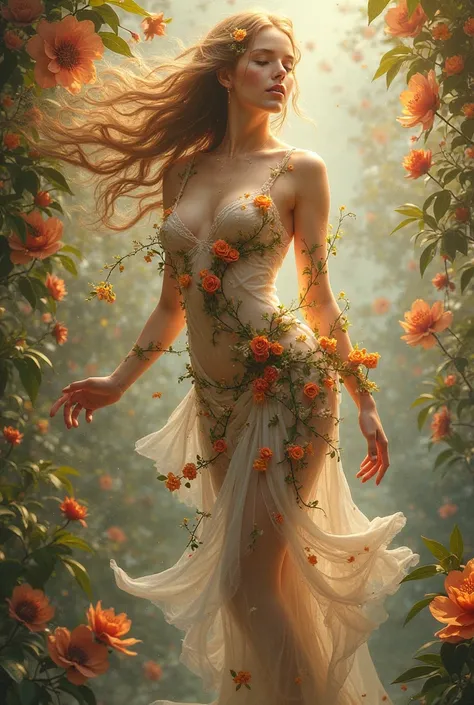 masterpiece，超 Hi-Res， a beautiful woman ，Perfect body flying in the sky，Delicate and beautiful facial features，Middle chest，（（There are lots of flowers on the body instead of clothes ）），  The body is wrapped around the body with gemstones and flower vines，...