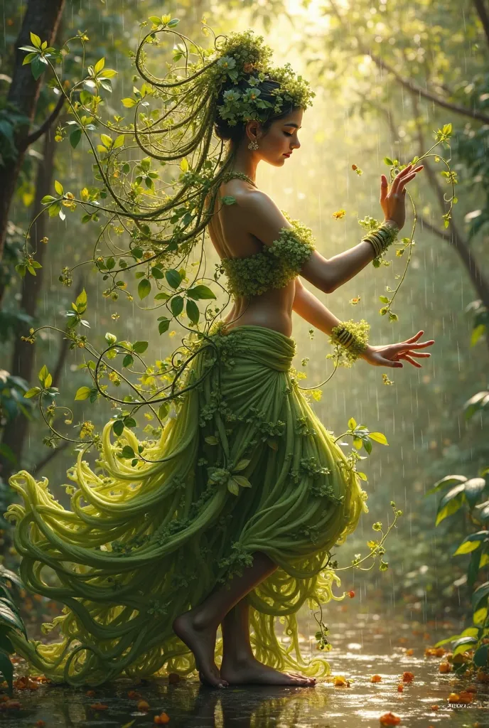 delicate, intricate leaf veins resembling delicate brushstrokes, as tendrils of foliage swirl around the figure, blurring the lines between dancer and environment against a backdrop of gentle, glistening raindrops radha kishan bhagwan, details fingers , or...