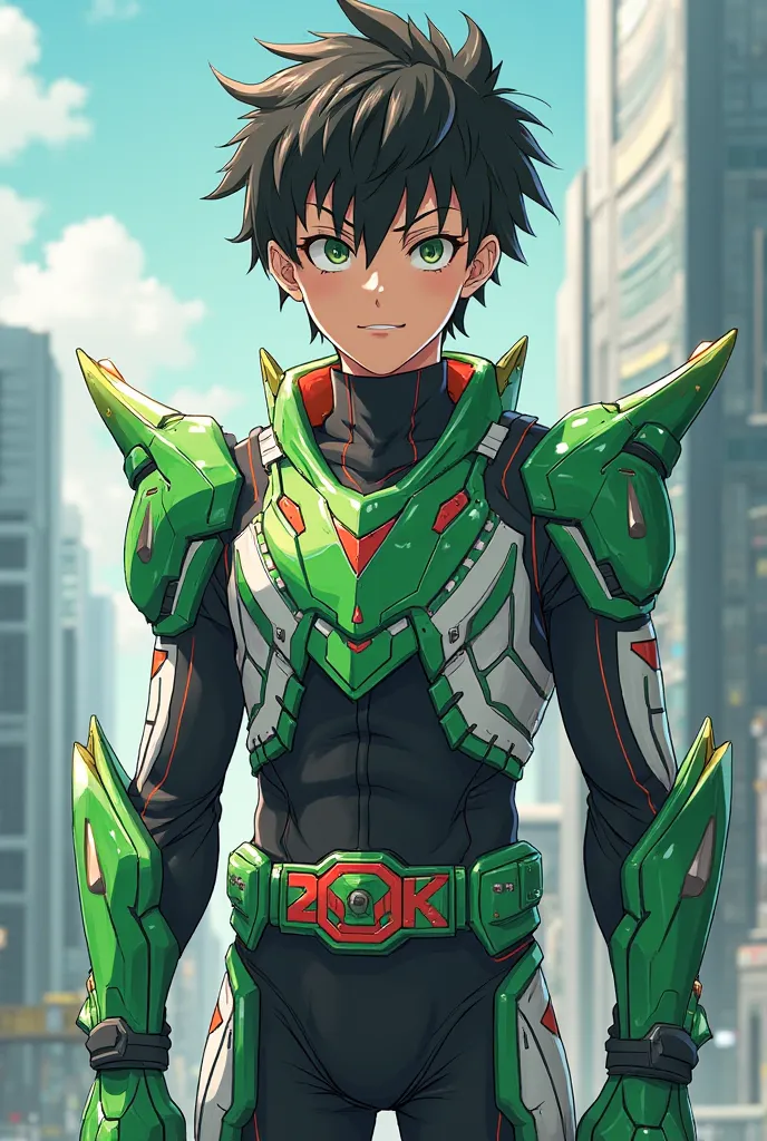 Anime boy wearing a Kamenrider Like suit that have color green white red