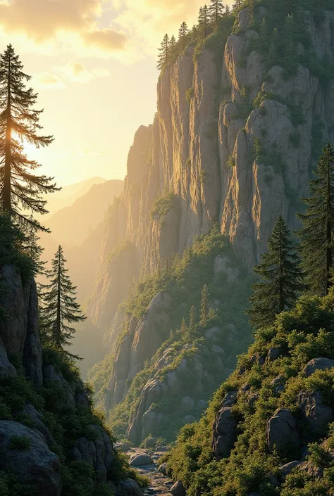 mountain forest cliff zoomed in warm lighting sun coming from the right realistic