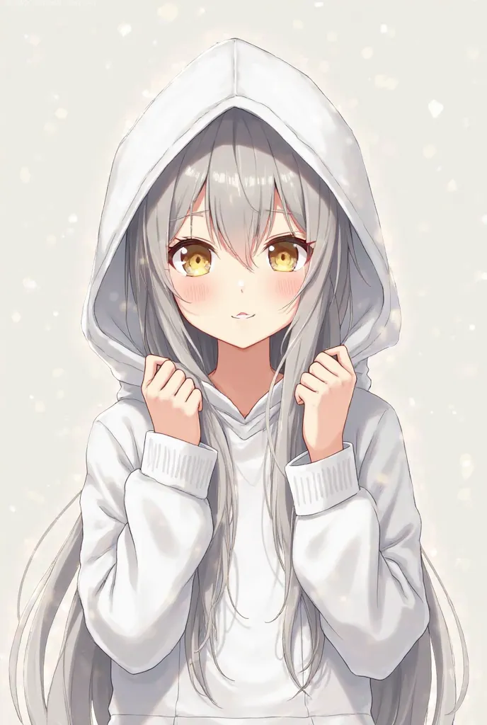 A girl with long gray hair and golden eyes anime style hoodie wears and takes off the hood The color of the hoodie is white
