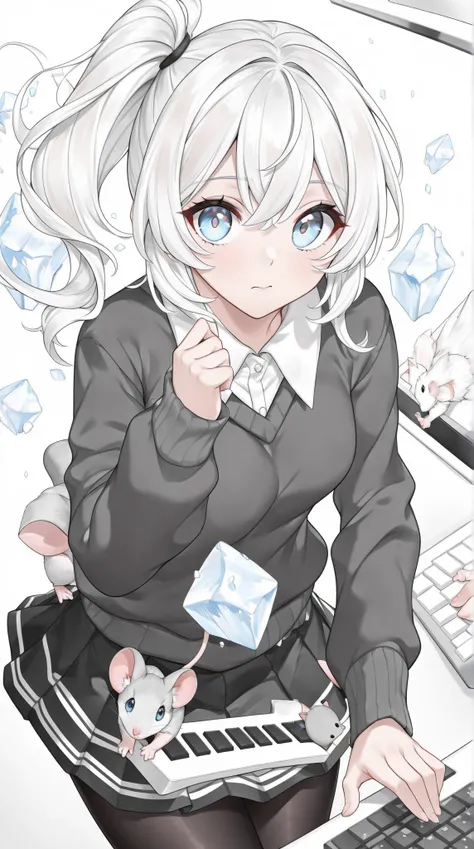 solo, a girl with light grey hair ,side ponytail hair, blue ice eye, wearing a black sweater and white shirt and black pantyhose with black skirt , jump while carrying a  mouse and keyboard . white background, masterpiece, best quality, UHD