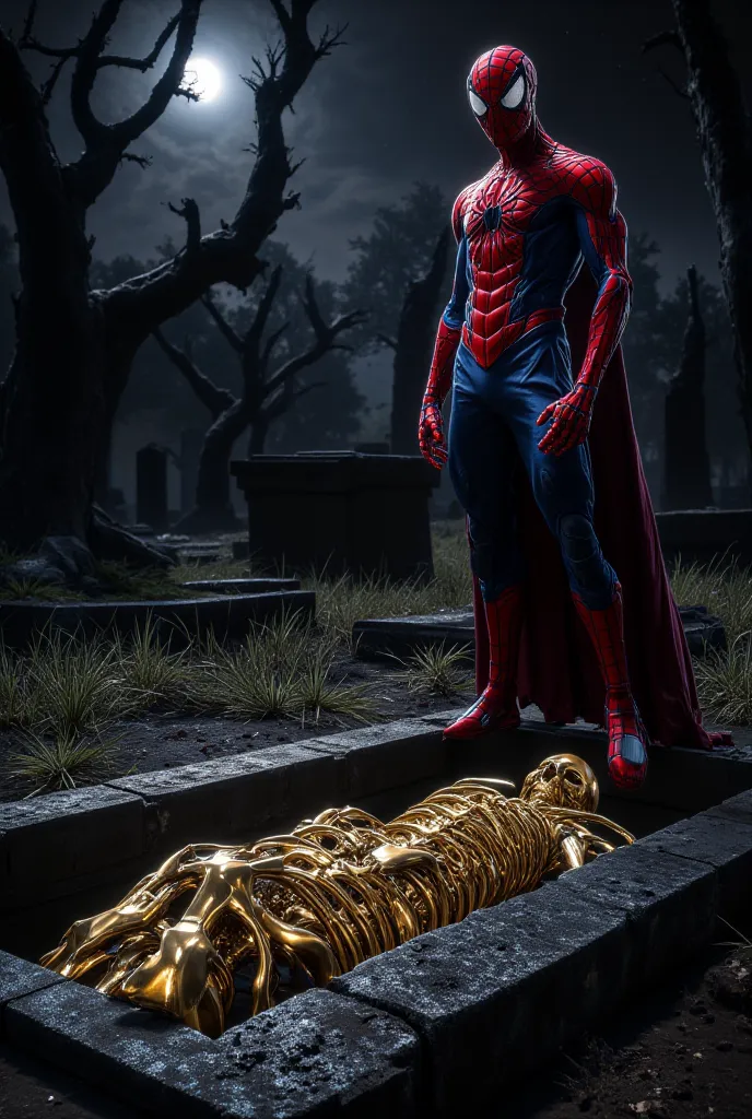 Spiderman is standing behind him a golden skeleton inside a grave at graveyard at night 