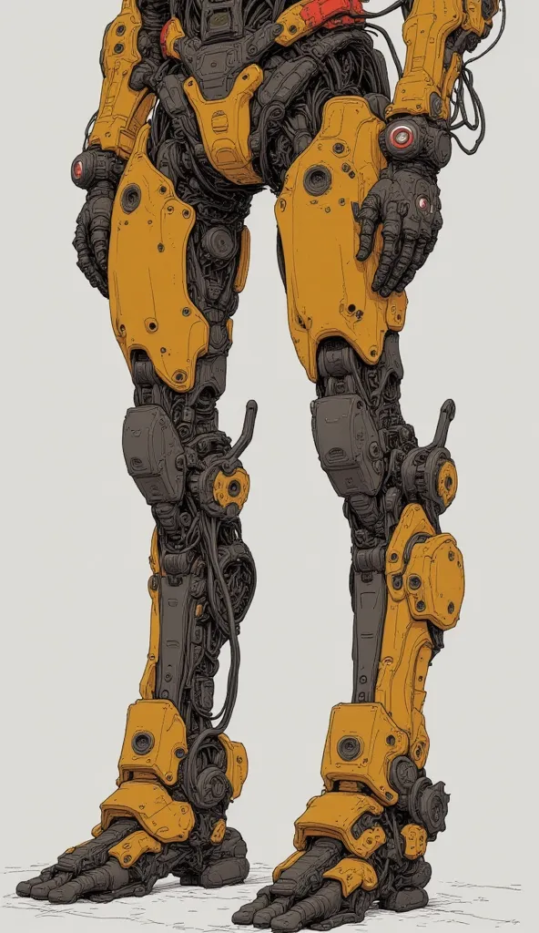 Close up of the legs of a robot wearing a yellow and red suit, Mecha limbs,  Cybernetic Hands and Feet , Thick warframe legs, Thick, Smooth Warframe Legs,  Mechanical Hands , Cybernetic leg ,  Cyborg Tech Body and Legs  ,  Evangelion Concept Art ,  DETAILE...