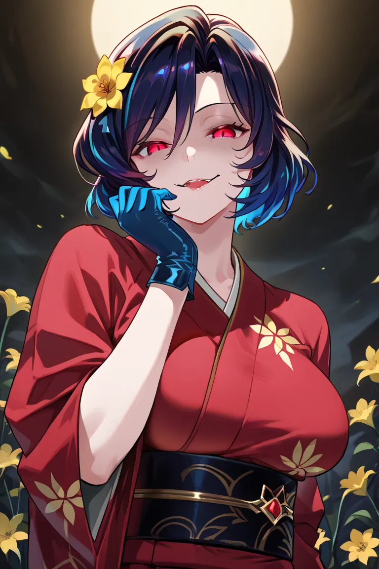  Big breasted girl, blue hair, multicolored hair, detailed eyes, naughty expression, lust,  evil smile, blue glove, red eyes,  short hair, wearing a blue kimono with yellow flowers 