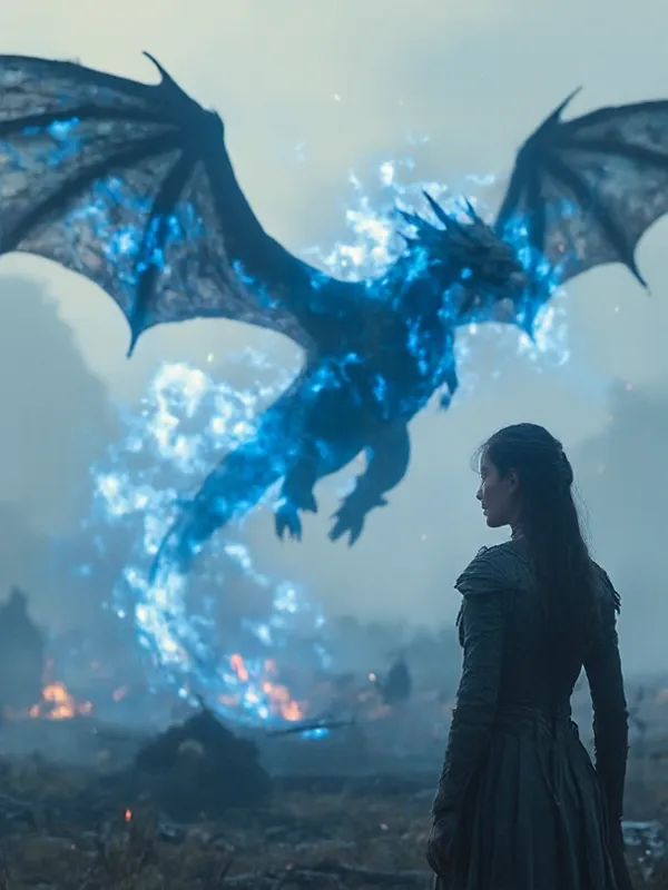 Cinematic candid scene of a dragon tamer girl, and a huge flying blue energy dragon in the background about to blast. Cinematic, realistic depth of view, action scene, elaborate details, Cinematic hues. 