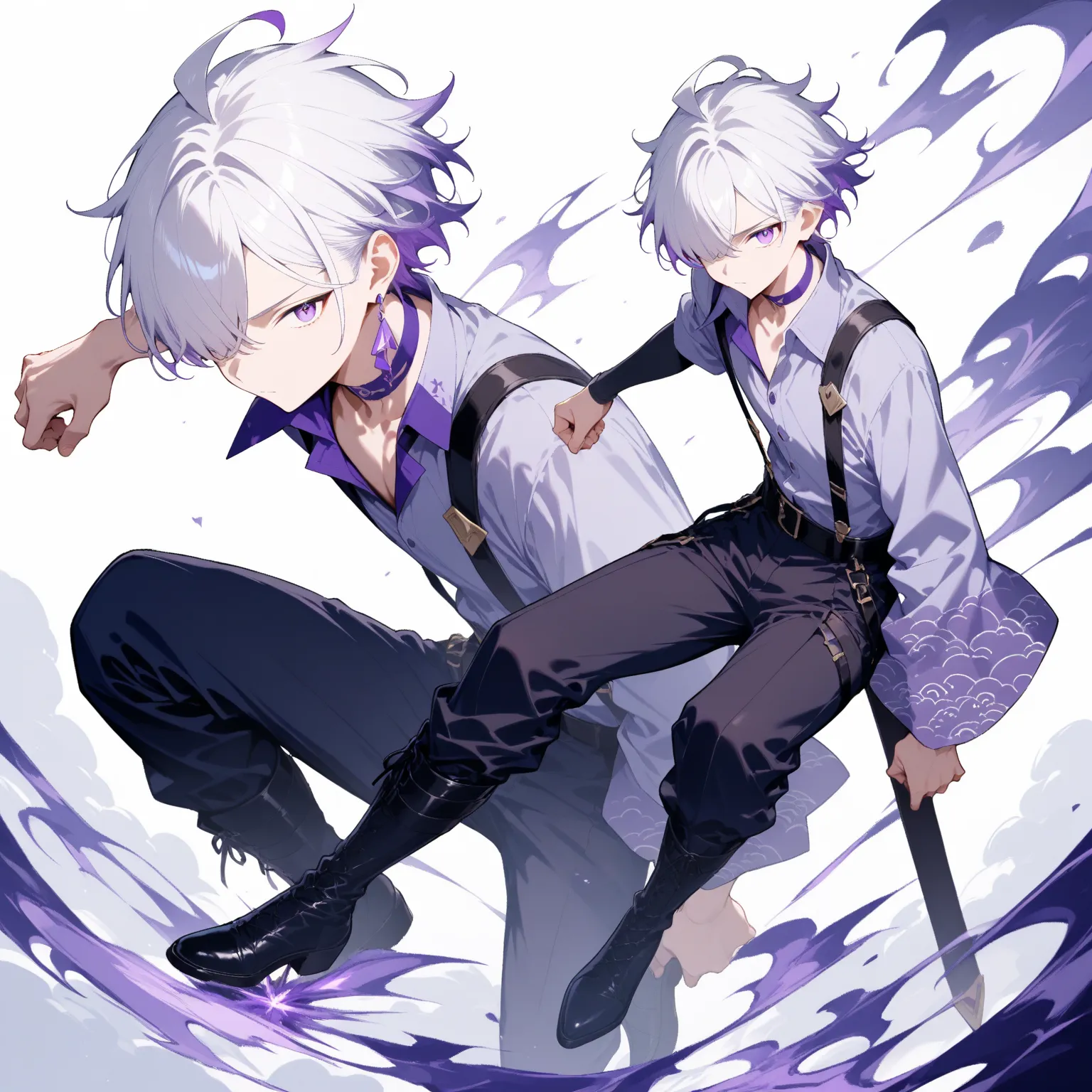 masterpiece, high score, great score, absurdres,
1boy, sranding,male focus, 20-yo, クモイエイテル, full body, toned,twink,white hair, side-parted, lilac highlights, hair over one eye,purple eyes, single purple earring/ (left ear/),avant-garde japanese clothes,cho...