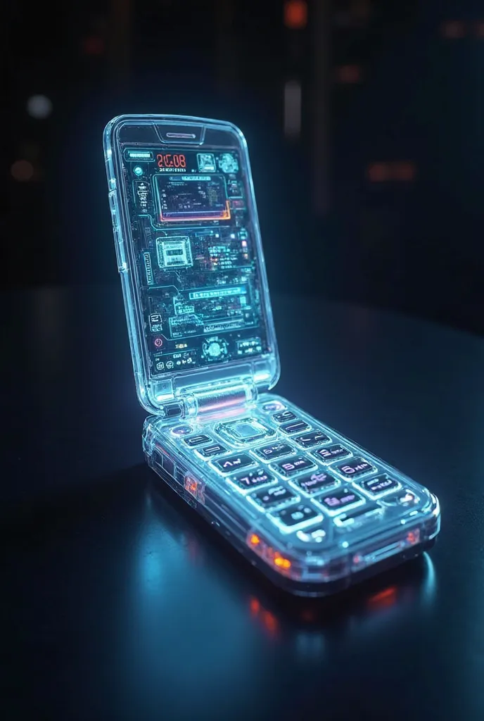 "A transparent flip phone from the early 2000s, displaying a glowing holographic user interface with futuristic icons and neon animations."