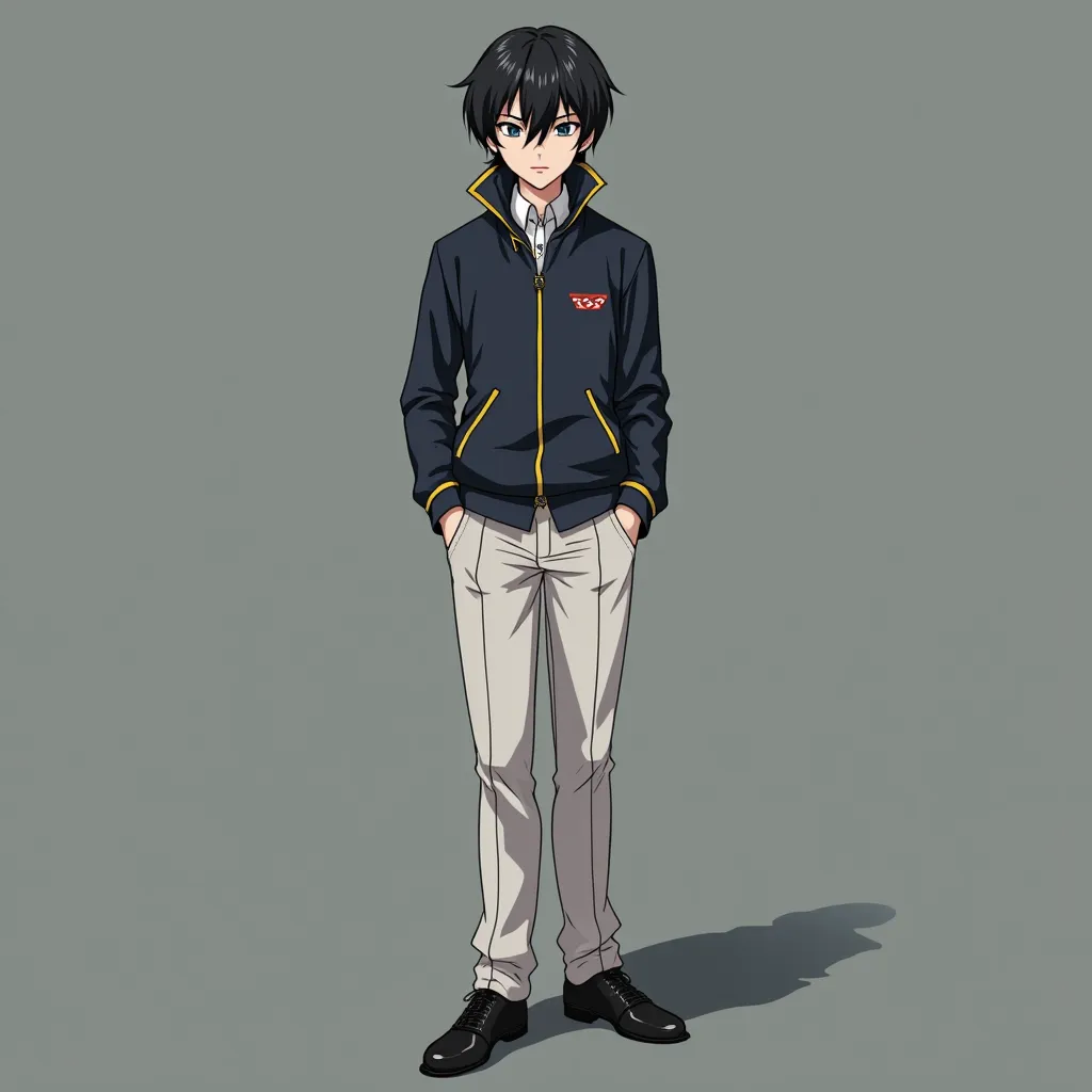 anime guy, dark black hair, dark blue eyes, dark blue school jacket, white school pants,black shoes, anime style, He stands tall, he stands tall,anime,the  hair covers the ears,anime