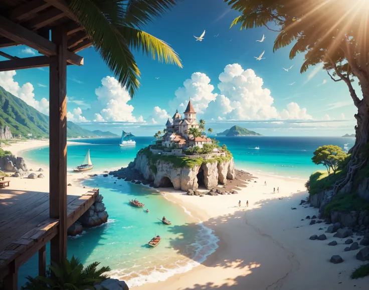 A vibrant, colorful tropical island in a fantasy world, surrounded by a bright blue ocean with gentle waves. The scene is filled with lush green palm trees, golden sandy beaches, and ancient stone ruins with a pirate adventure theme. Floating wooden ships ...