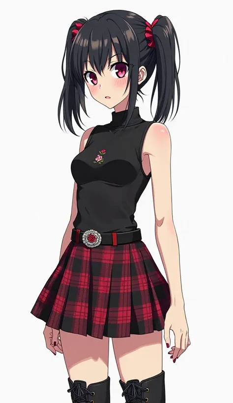 Japanese anime adolescent woman with long straight black hair with two pigtails and short locks and intense magenta eyes and wears a style inspired by gothic and punk fashion. She wears a set consisting of a fitted black sleeveless top with a small embroid...