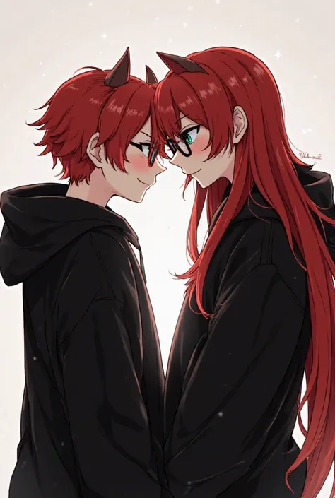 couple、girls have red hair and black inner color。Boys have red hair and long back hair called wolf hair。Only boys wear glasses。there are only 2 people in the picture。I don't want s。 They are both wearing black hoodies。