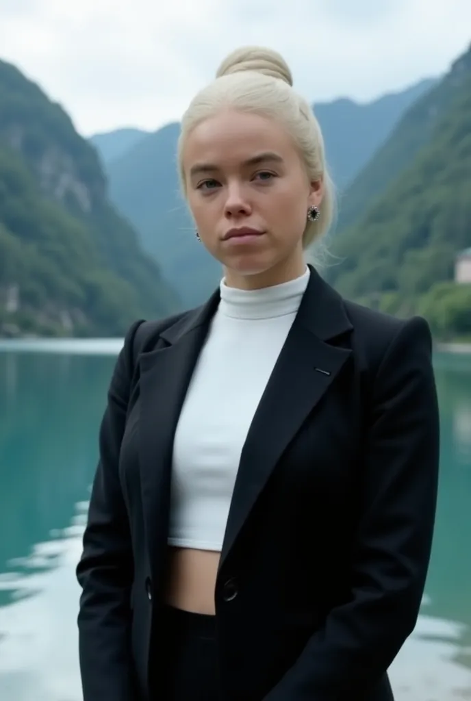 Rhaenyra Targaryen, pale blonde hair bun, black blazer, white midriff turtleneck,posing for a photo, in the background the lake of Como 