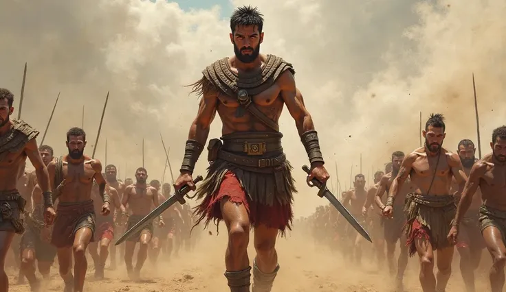 6.	Spartacus, a towering and fierce 1st-century BC Thracian gladiator with rugged features, short dark hair, and wearing minimal gladiatorial armor with leather straps, wielding dual short swords. Spartacus leading an army of freed slaves across a battlefi...