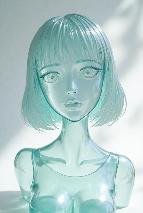 Please make a beautiful illustration of a beautiful Japanese woman sculpture made of transparent glass material. She has a straight bob cut with a line of her chin, a glossy surface, a bright abstract pattern that reflects bright and soft light on the back...