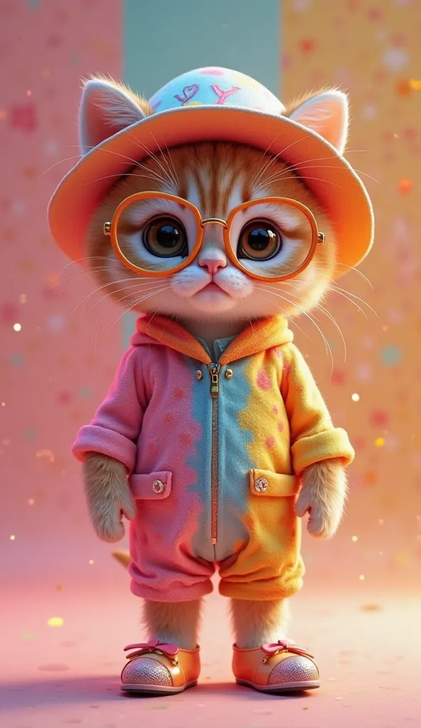  cute kitten、stands upright on two legs、 round eyes、look straight ahead、Wear a cute rainbow-colored Yves Saint Laurent costume、 wearing a hat、 wearing high heels 、Wear heart-shaped glasses、colorful background with Yves Saint Laurent logo、3D 8K、animation