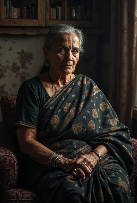  Indian matriarch sitting at her room wearing dark saree looking strict.Dark.Not too old aged around 40